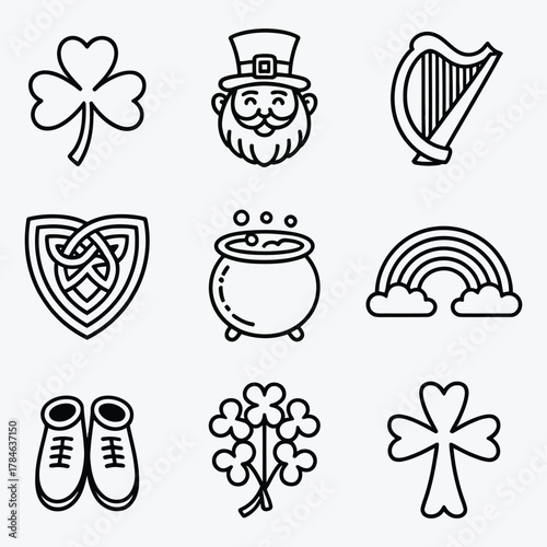St Patricks Day Icons Set With Shamrock Leprechaun Harp Shield Rainbow vector illustration