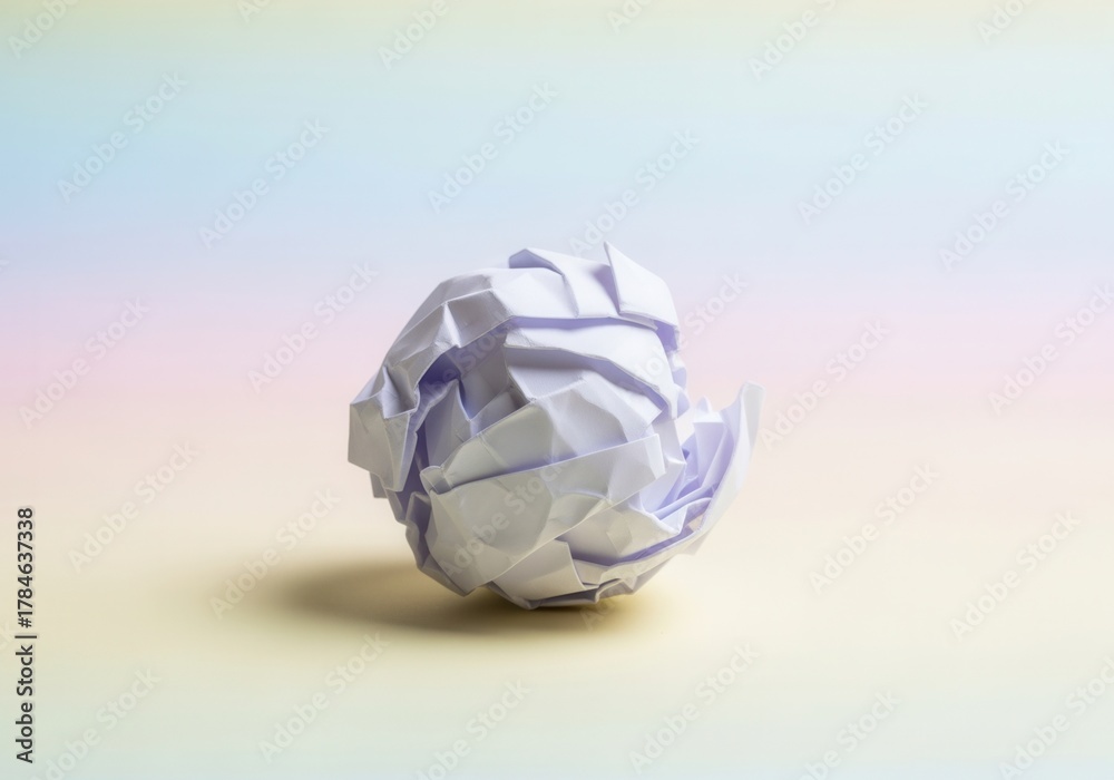 Fototapeta premium A single crumpled paper ball symbolizing a mistake or a discarded idea. Creative process and brainstorming concept on a colorful pastel background