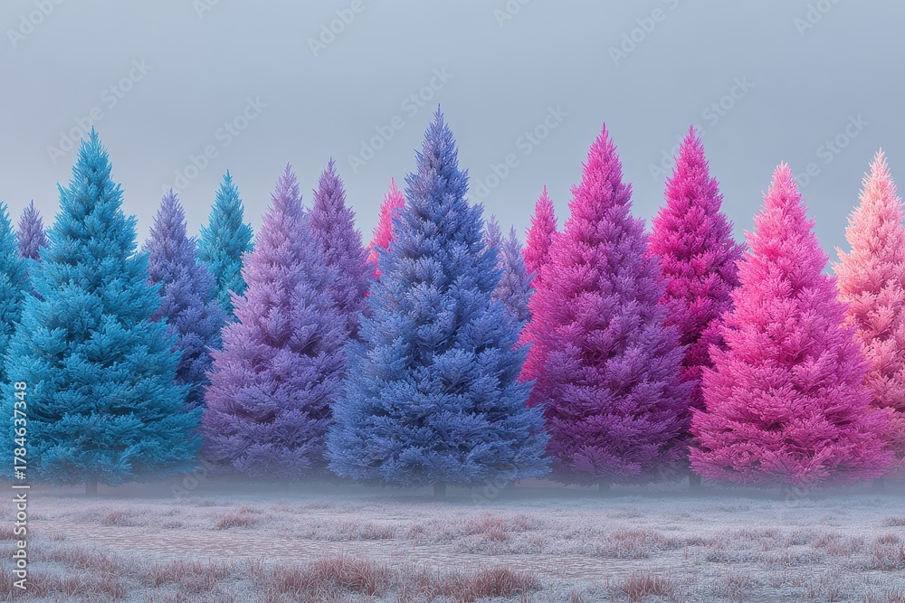 Obraz premium Vibrant pastel colored Christmas trees create a whimsical winter landscape in soft hues of blue, pink, and purple