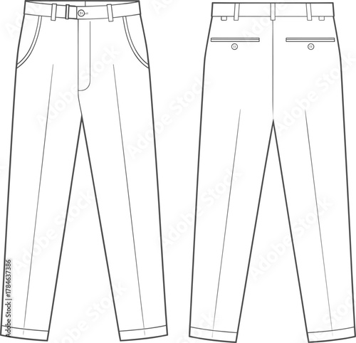 Trousers technical sketch, front and back view, fashion design, garment blueprint, tailored pants, clothing template, apparel illustration, menswear style