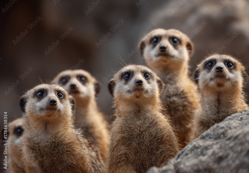 Fototapeta premium Close-up of meerkats looking up, alert