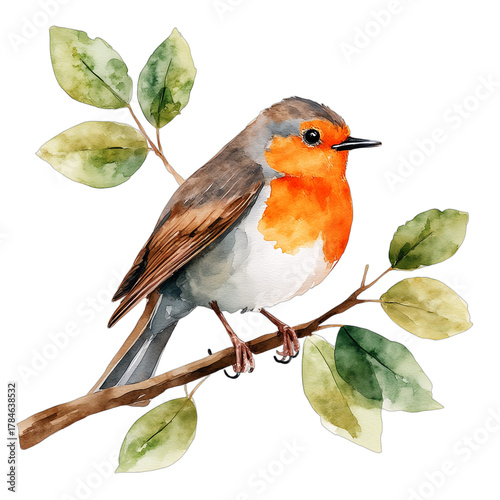 watercolor european robin perched on a branch with green leaves, delicate bird illustration.