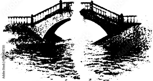 Engraving of a vintage bridge silhouette. Detailed black outline drawing on a white background, featured in a vector illustration set.