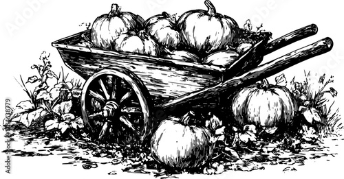 Vintage line drawing of a wheelbarrow filled with pumpkins. The illustration showcases a rural scene in black and white vector style.