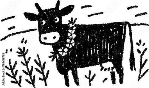 Cartoon cow vector illustration in a black sketch style with floral elements in a rural outdoor set.