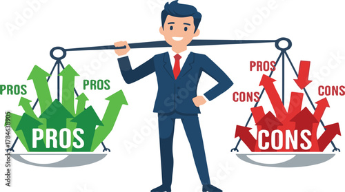 Man Holding Scales Weighing Pros Against Cons balance