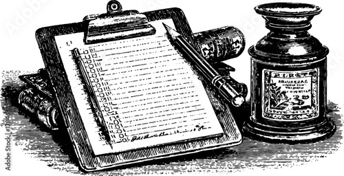 Vintage clipboard with a checklist and pen. Simple illustration in black and white, featuring an inkwell, in a vector format.
