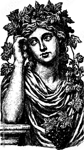 Bacchus with grapes in a vintage vector illustration. Detailed artistic representation in black and white, capturing classical art.
