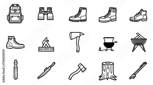 Outdoor adventure and camping gear icons set. Hiking, survival, and wilderness equipment collection.