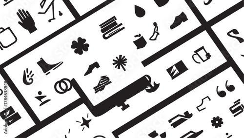 Black and white icon vector set: hand, shoe, star, clover, and more eps silhouette