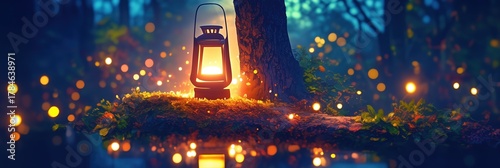 Magical Lantern in a Dark Enchanted Forest with Sparkling Bokeh Lights