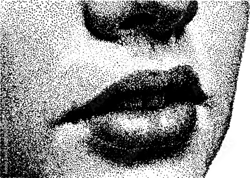 Black and white illustration of lips and face. Detailed vector art set with smooth texture and geometric shapes emphasizing modern design.