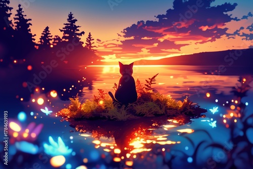 Magical Sunset Reflection with Cat Silhouette and Glowing Butterflies