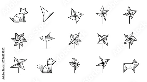 Hand-drawn origami animals and pinwheels sketch icon set. Doodle style paper art collection for children's designs and crafts.