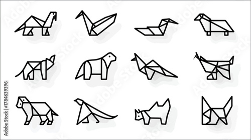 Minimalist Geometric Origami Animal Line Art Icon Set. Simple Black and White Vector Illustration on Clean White Background.