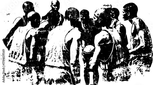 Basketball players in a tactical huddle. Group of men in uniforms engaged in game strategy. Vector illustration of a dynamic sport scene.