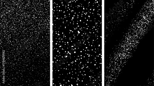 Grunge texture overlay set in black and white. Distressed abstract design with speckles for vector illustration.