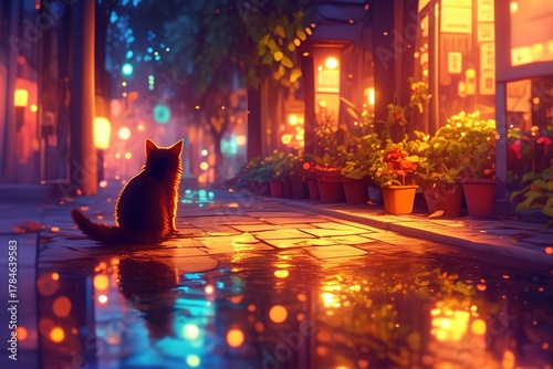 Solitary cat on a glowing urban street at night, surrounded by warm reflections and colorful bokeh