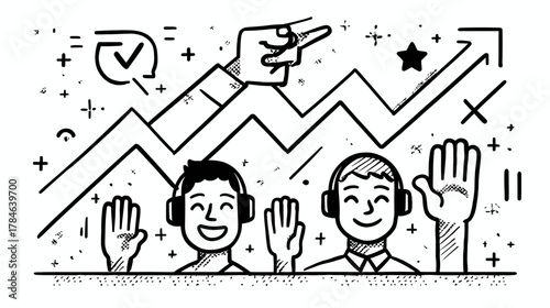 Smiling People with Headsets Raising Hands, Celebrating Business Growth and Success. Team Achievement Concept Line Art Illustration.