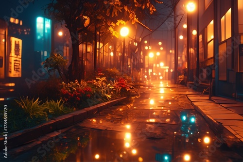 Vibrant Night Street Reflecting Warm Urban Glow