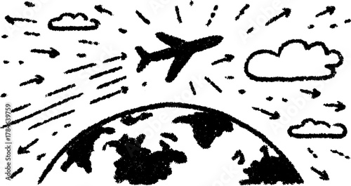 Airplane flying over the world. Simple flat vector illustration with clouds and motion lines for travel themes.