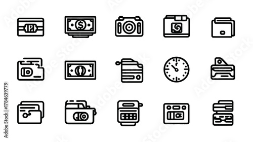 Financial Transaction and Payment Line Icons Set. Includes Wallets, Money, Credit Cards, Cameras, and Time for Business & Banking Apps.