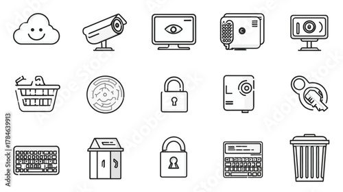 Cyber Security and Data Protection Line Icons Set. Digital Privacy, Network Safety, Cloud Computing, and Surveillance Vector Symbols.