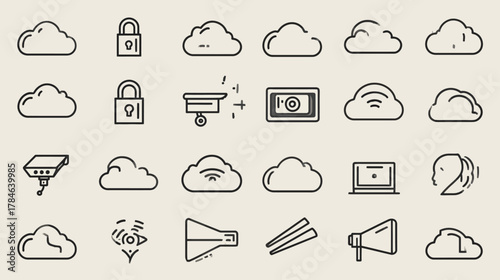 Modern cloud computing, data security, internet technology, and network communication line icons. Digital storage concept.
