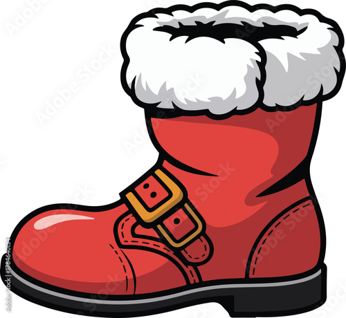 Red vector boot with white fur trim and gold buckles for festive holiday season celebrations isolated on black.