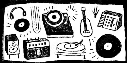 Music equipment featuring turntables, vinyl records, and headphones. Black and white vector illustration set with a modern style.
