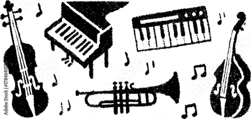 Musical instruments including a violin, trumpet, piano, and keyboard in a black sketch style. Simple vector illustration featuring musical notes in a set.