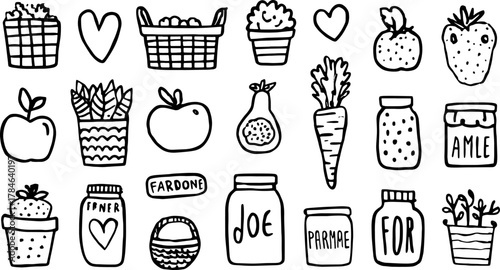 Set of drawn food elements including baskets, fruits, and vegetables. Simple black and white vector illustration for gardening themes.