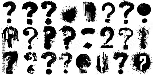 Black question marks and symbols with grunge texture. This vector illustration set features abstract designs.