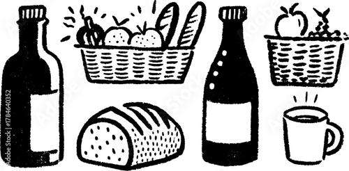 Set of food items including a basket of fruit, a loaf of bread, bottles, and a cup. Simple black and white vector illustration designed for kitchen use.