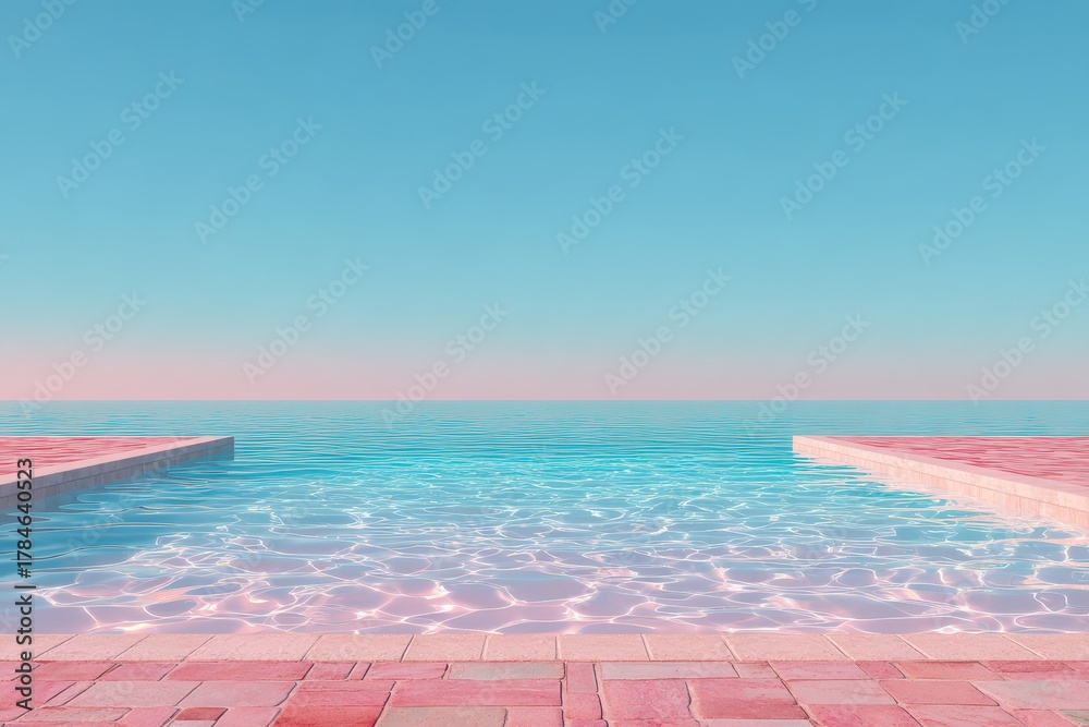Obraz premium Minimalist wallpaper featuring a tranquil blue pink vaporwave swimming pool at sunset surrounded by calm waters