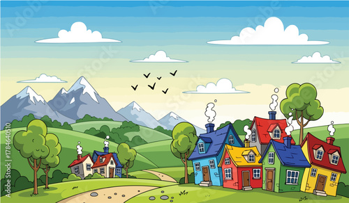 Colorful cartoon houses on green hills with snowy mountains
