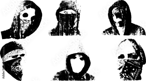 Masked figures in hoodies, showcasing a vintage black and white style. Grunge vector illustration emphasizes anonymity and rebellion.