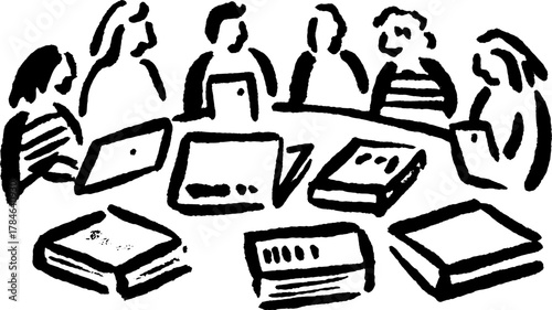 Group of people engaged in a meeting around a circular table with laptops and notebooks. Simple black and white vector illustration set.