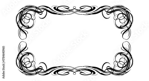 Elegant black and white ornate rectangular frame with swirling curves and classic scrollwork for vintage designs on an isolated white background.