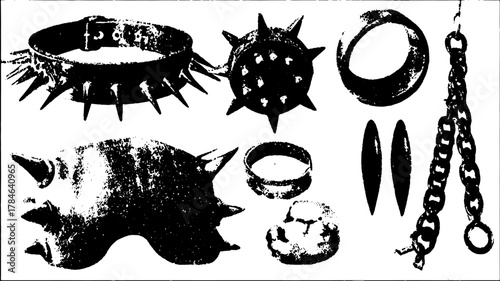 Set of bondage collars and accessories in black leather featuring spikes and chains, presented in a vector illustration.