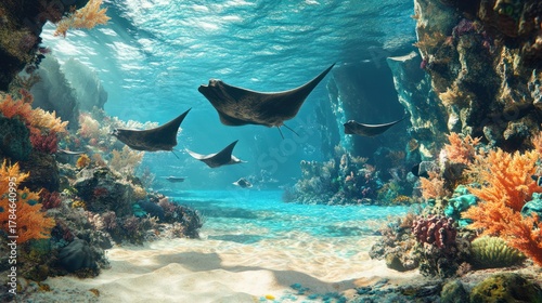 Majestic Manta Rays Grace a Vibrant Coral Reef