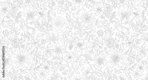 Delicate light gray seamless floral pattern with subtle flowers and leaves on solid white background, an elegant nature inspired wallpaper.