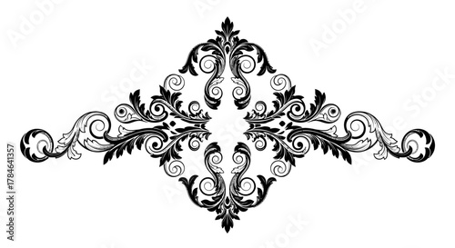 Ornate symmetrical central design element with classic Baroque scrollwork on isolated white background, a decorative vintage motif.