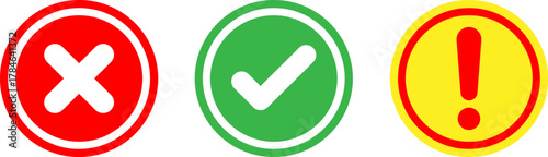 Three oval symbols red x green checkmark and yellow exclamation point