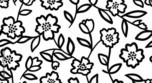 Simple seamless floral pattern with stylized outline flowers and leaves on solid white background, ideal for modern minimalist wallpaper.