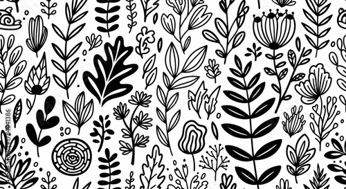 Whimsical seamless pattern with abstract doodle flowers and leaves on solid white background, a modern botanical design for textiles.