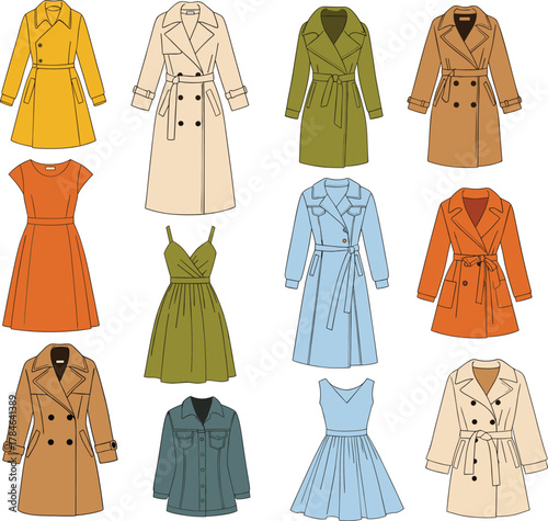Women's fashion collection, stylish dresses, elegant trench coats, seasonal outerwear, modern jackets, trendy clothing, chic design, vibrant colors, wardrobe essentials, fashion illustration