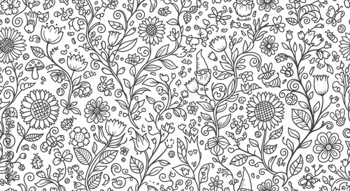 Intricate seamless floral pattern with small flowers, leaves, and swirls on solid white background, perfect for textiles or wallpaper.