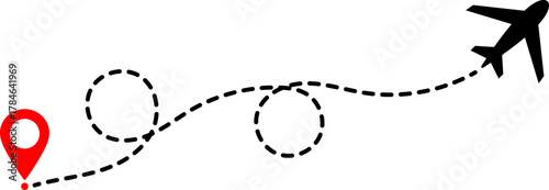Airplane flying along a dotted route from a location pin