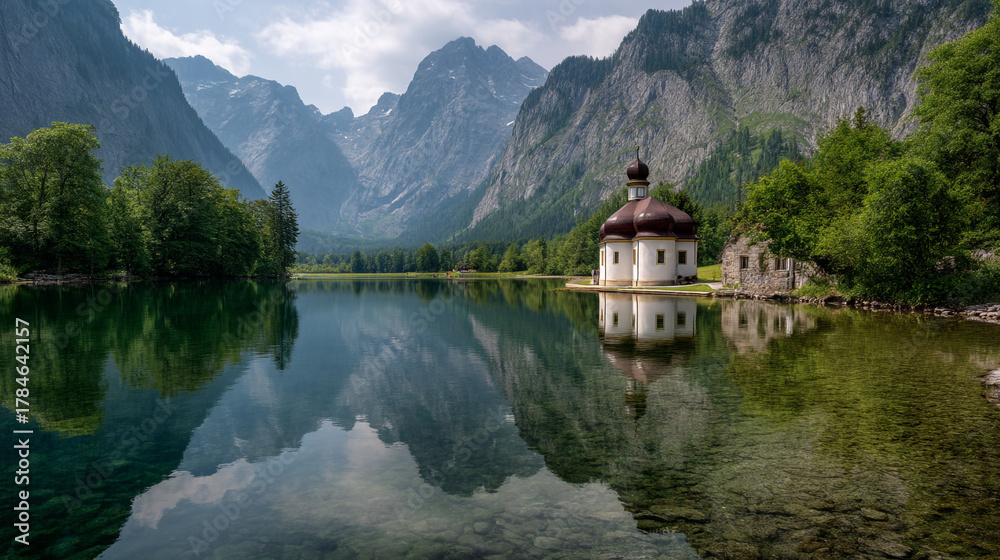 Fototapeta premium Lake view with church and mountain range reflecting in the water surface area